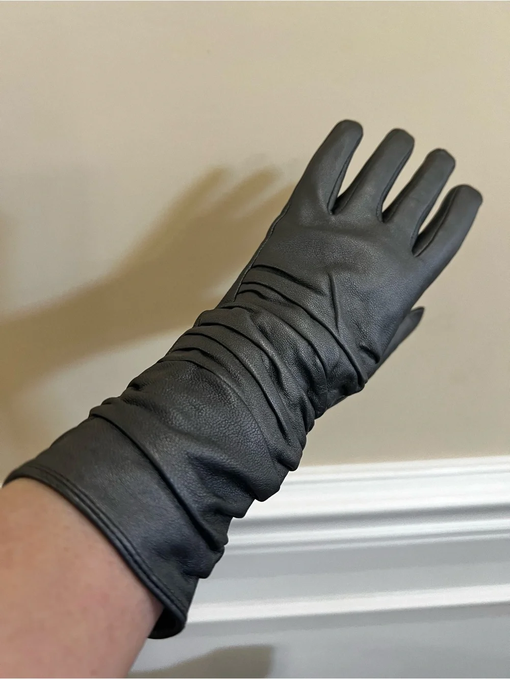 Metallic Charcoal Grey Ruched Genuine Leather 12” Gloves with Zipper.